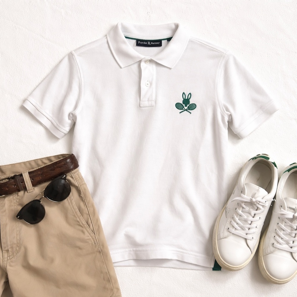 Psycho Bunny Courtside Pique Polo White Green Tennis Club Youth 10-12 (medium)